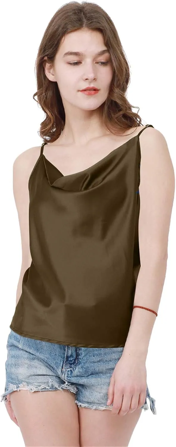 FLITAY Womens Cowl Neck Camis Satin Tank Top Spaghetti Strap Solid Color Camisoles Blouses