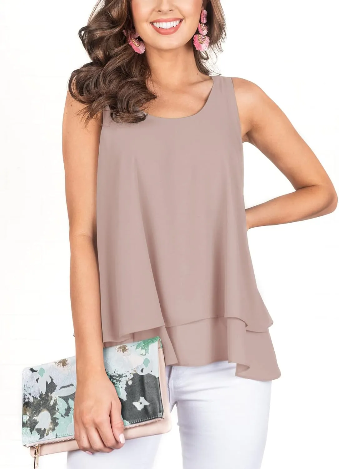 Floral Find Women's Chiffon Layered Tank Tops Summer Sleeveless Round Neck Blouses Shirts