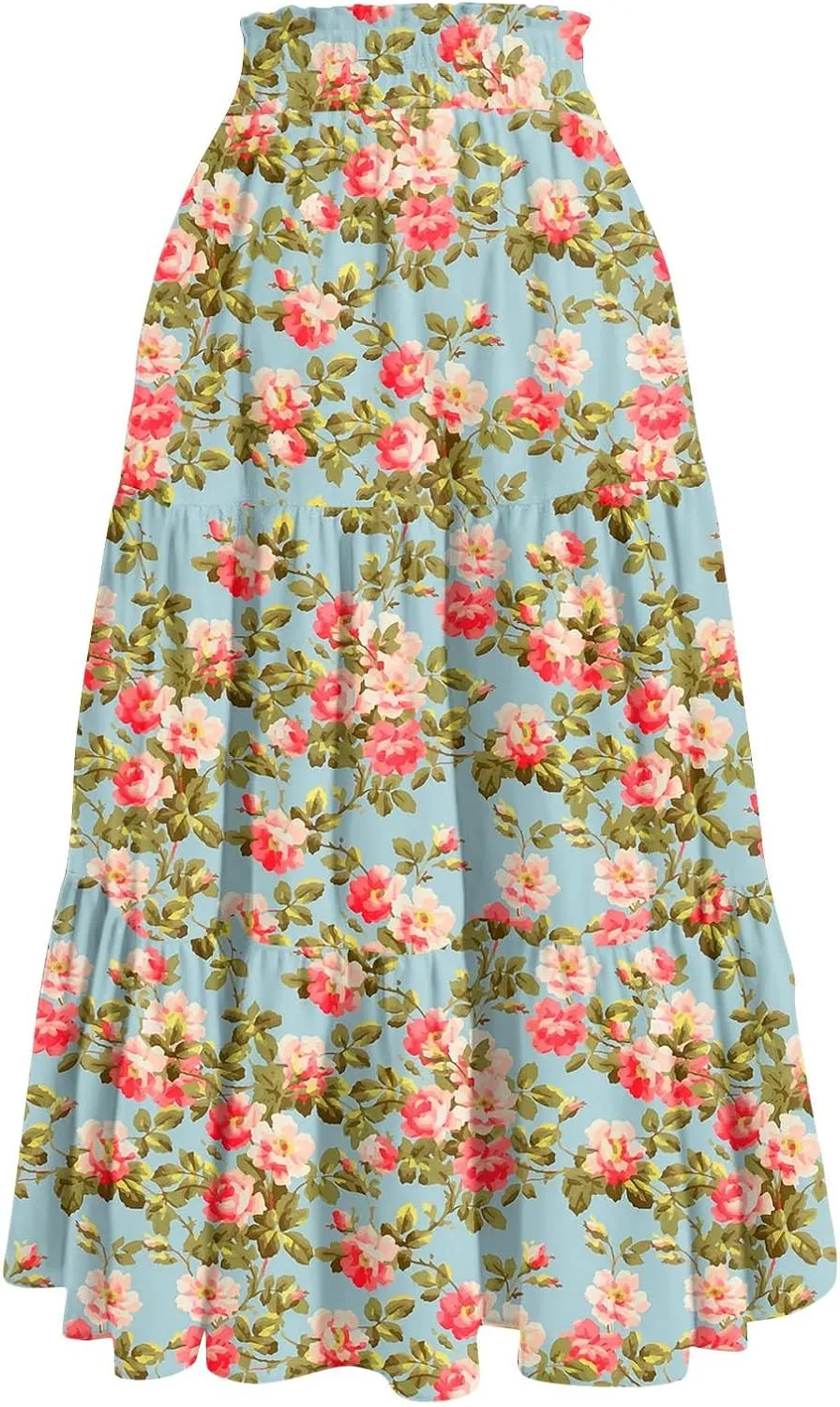 Floral Skirts for Women 2025 Summer High Waist Tiered Pleated Flowy Tiered A-Line Boho Long Maxi Skirts