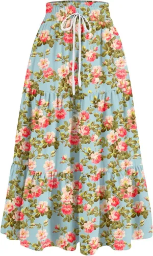 Floral Skirts for Women 2025 Summer High Waist Tiered Pleated Flowy Tiered A-Line Boho Long Maxi Skirts
