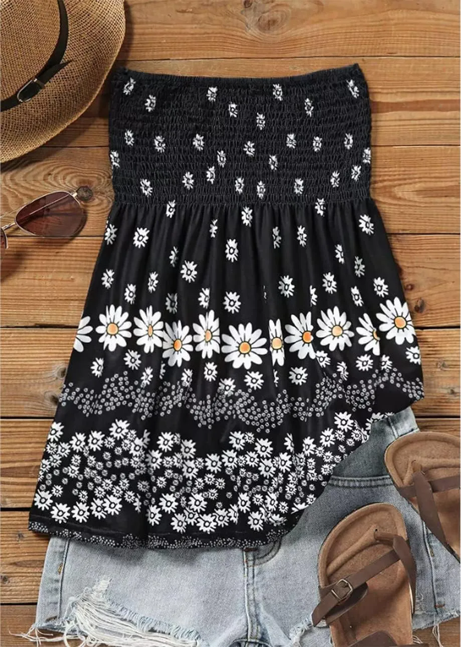 Floral Smocked Ruffled Strapless Bandeau Tank Women Summer Backless Tube Top Sleeveless Loose Holiday Shirts Blouse