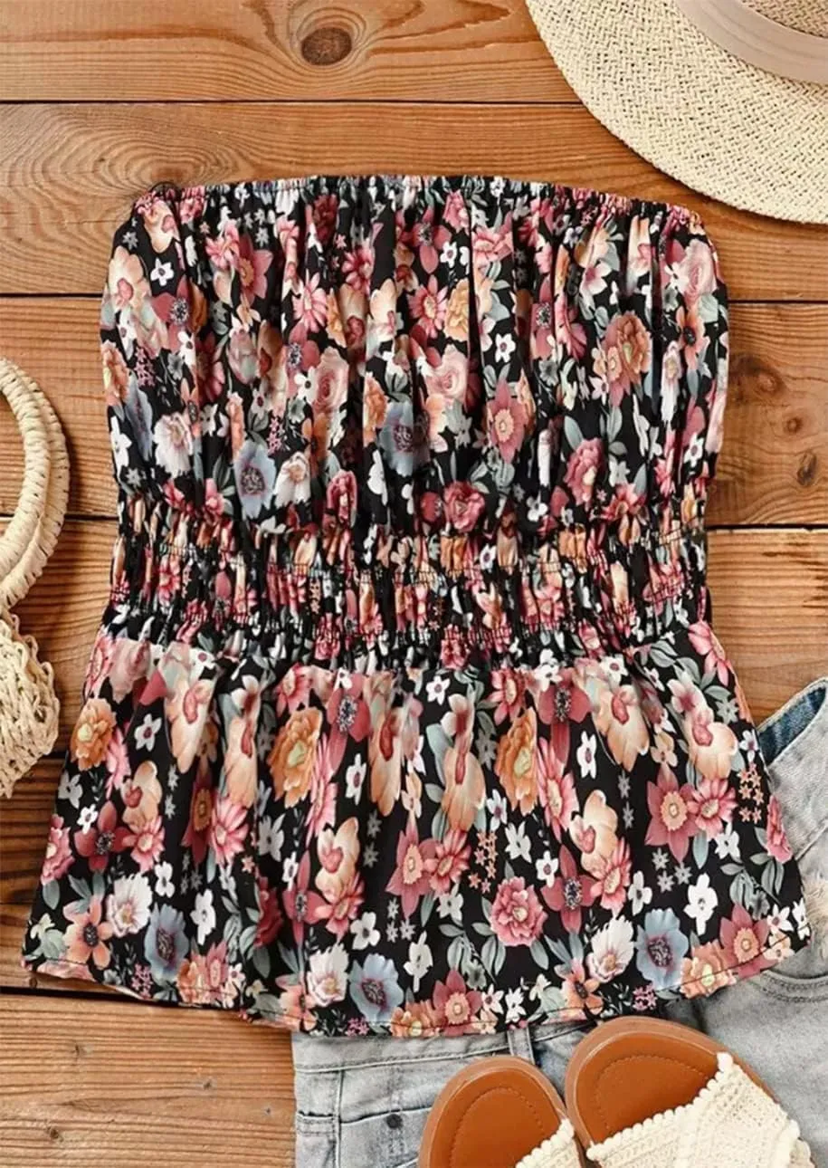 Floral Smocked Ruffled Strapless Bandeau Tank Women Summer Backless Tube Top Sleeveless Loose Holiday Shirts Blouse