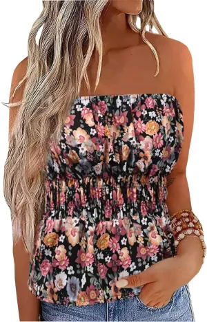 Floral Smocked Ruffled Strapless Bandeau Tank Women Summer Backless Tube Top Sleeveless Loose Holiday Shirts Blouse