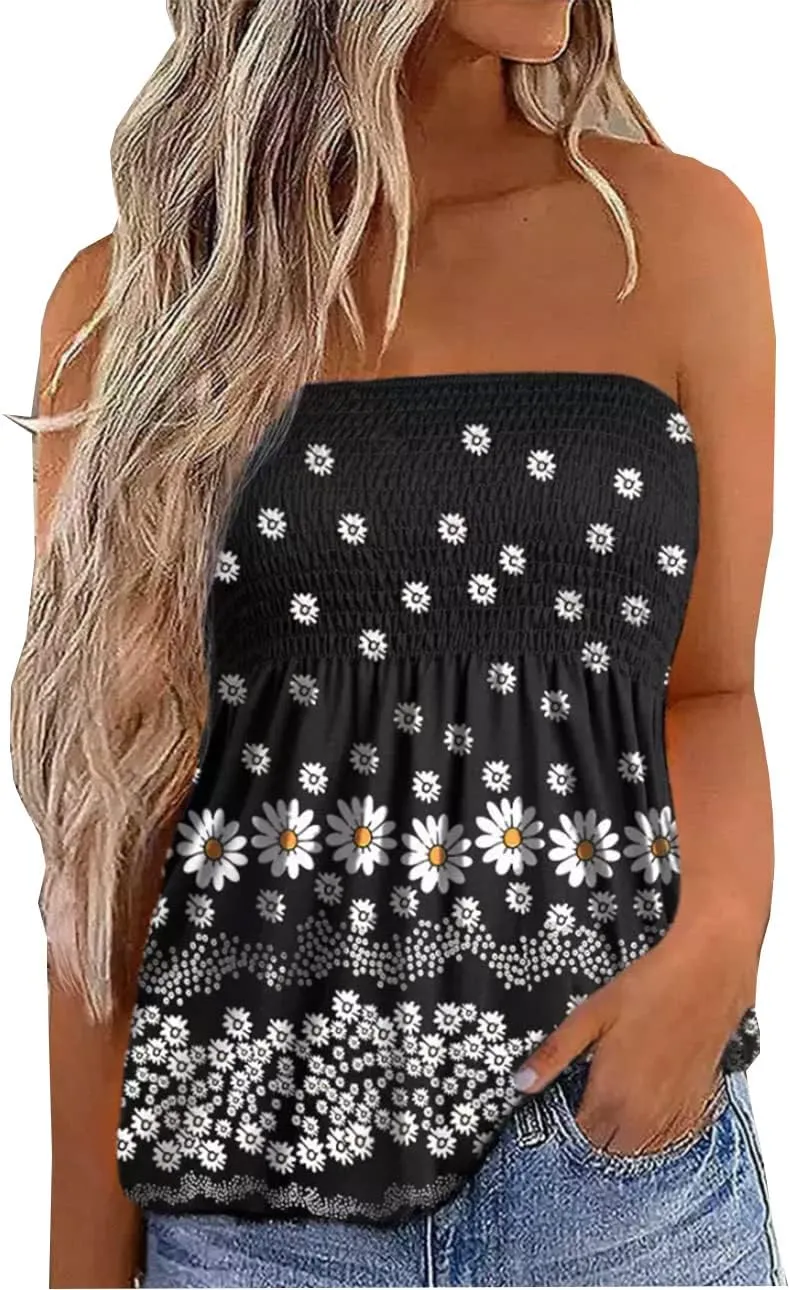 Floral Smocked Ruffled Strapless Bandeau Tank Women Summer Backless Tube Top Sleeveless Loose Holiday Shirts Blouse