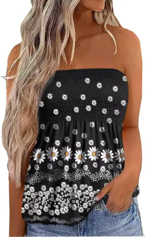 Floral Smocked Ruffled Strapless Bandeau Tank Women Summer Backless Tube Top Sleeveless Loose Holiday Shirts Blouse