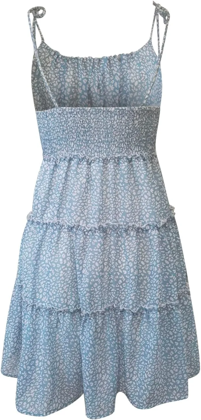Floral Sundresses for Women Chiffon Mini Dress Spaghetti Strap A Line Vacation Dress Cute Smocked Sun Dresses