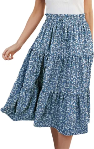 Flowy Floral Skirt for Women Summer Bohemian Tiered Ruffled Elastic High Waisted Lightweight Beach Maxi Skirts