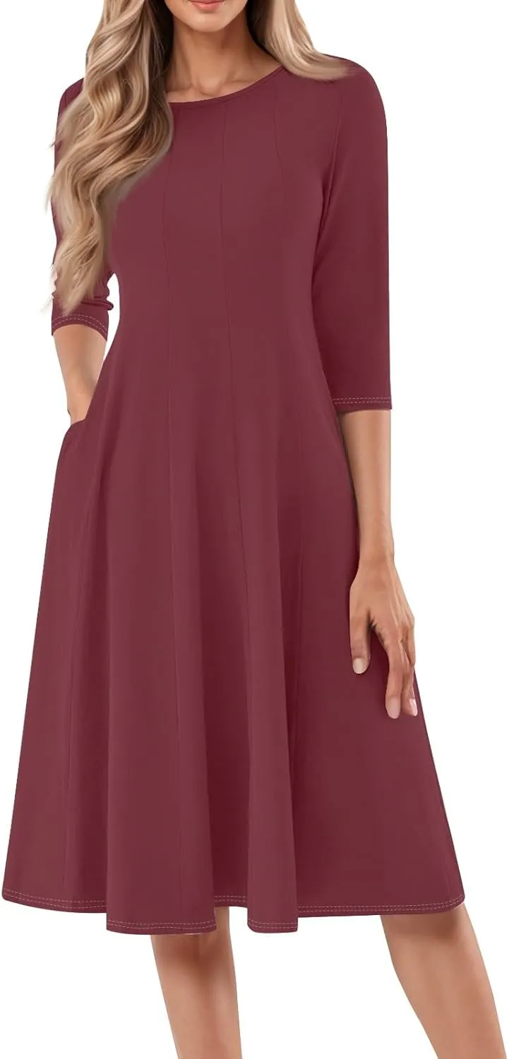 Formal Dresses for Women Plus 3/4 Sleeve Solid Flowy Vintage Midi Summer Spring Casual Swing Dress