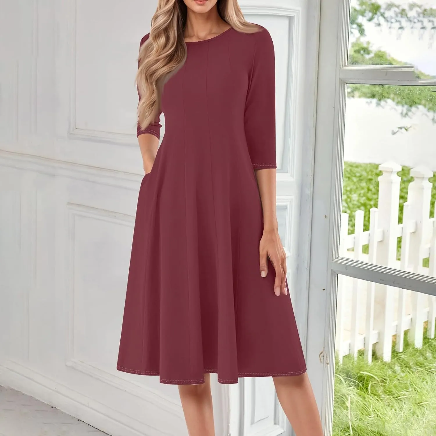 Formal Dresses for Women Plus 3/4 Sleeve Solid Flowy Vintage Midi Summer Spring Casual Swing Dress