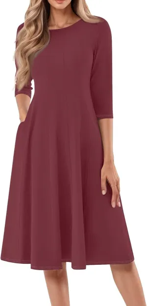 Formal Dresses for Women Plus 3/4 Sleeve Solid Flowy Vintage Midi Summer Spring Casual Swing Dress