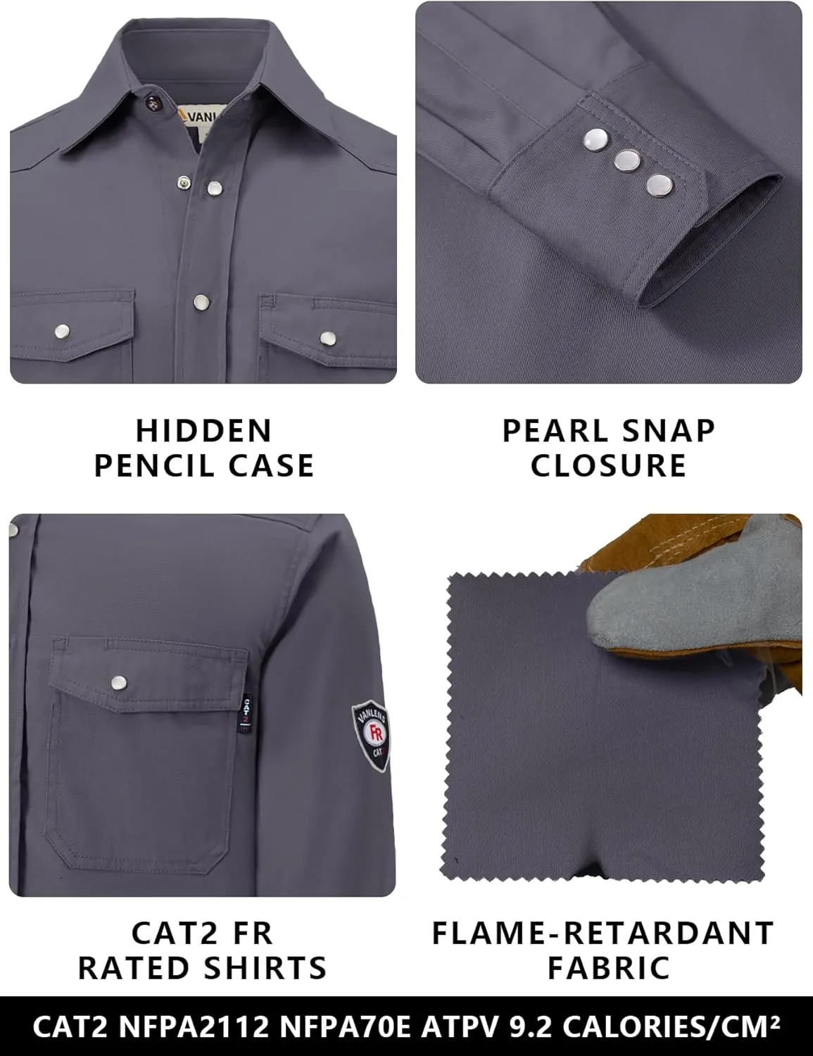 FR Shirts for Men 6.5OZ Welding Shirt Pearl Snap Light Weight Flame Resistant Shirts CAT2/NFPA2112