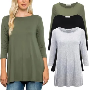 Free to Live 3 Pack 3/4 Sleeve Tunic Tops for Women Casual Long Shirts Loose Fit Dressy to Wear with Leggings Travel Clothes