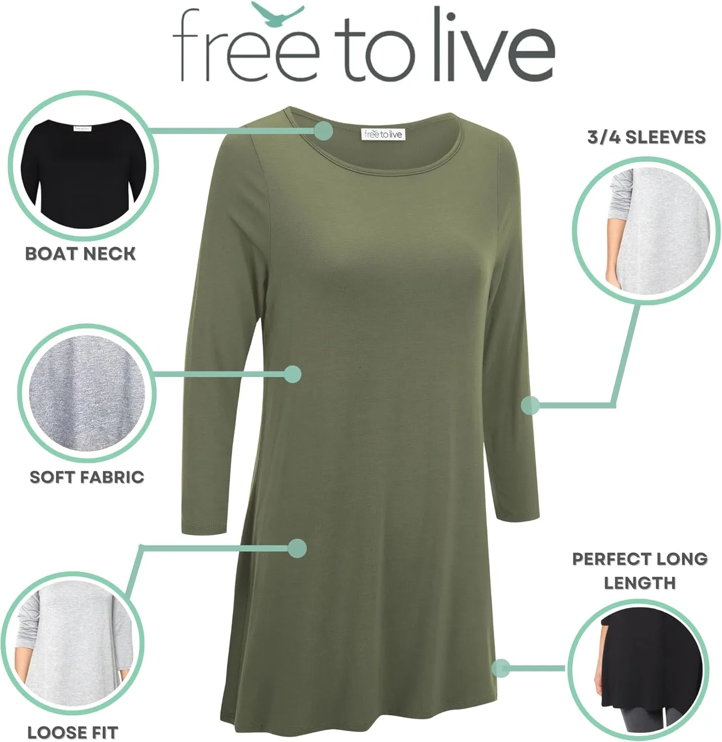 Free to Live 3 Pack 3/4 Sleeve Tunic Tops for Women Casual Long Shirts Loose Fit Dressy to Wear with Leggings Travel Clothes