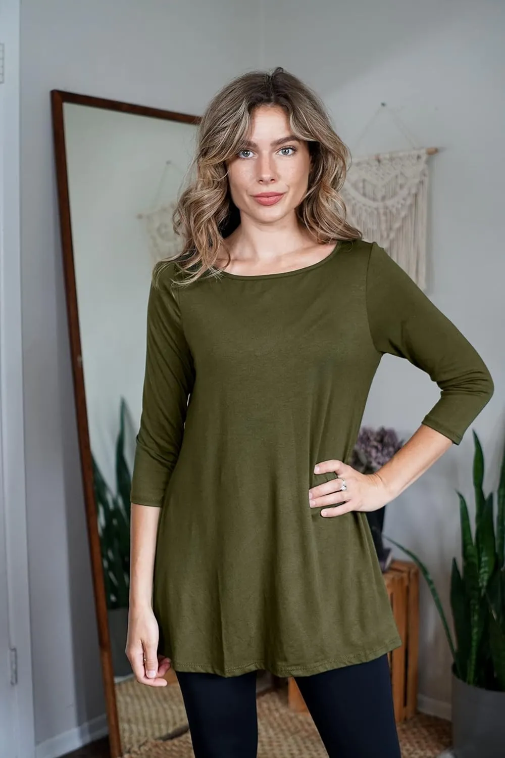 Free to Live 3 Pack 3/4 Sleeve Tunic Tops for Women Casual Long Shirts Loose Fit Dressy to Wear with Leggings Travel Clothes