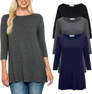 Free to Live 3 Pack 3/4 Sleeve Tunic Tops for Women Casual Long Shirts Loose Fit Dressy to Wear with Leggings Travel Clothes