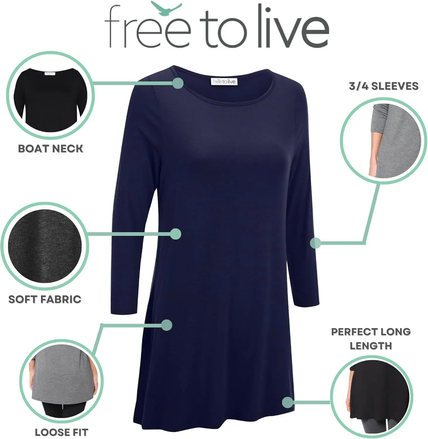 Free to Live 3 Pack 3/4 Sleeve Tunic Tops for Women Casual Long Shirts Loose Fit Dressy to Wear with Leggings Travel Clothes