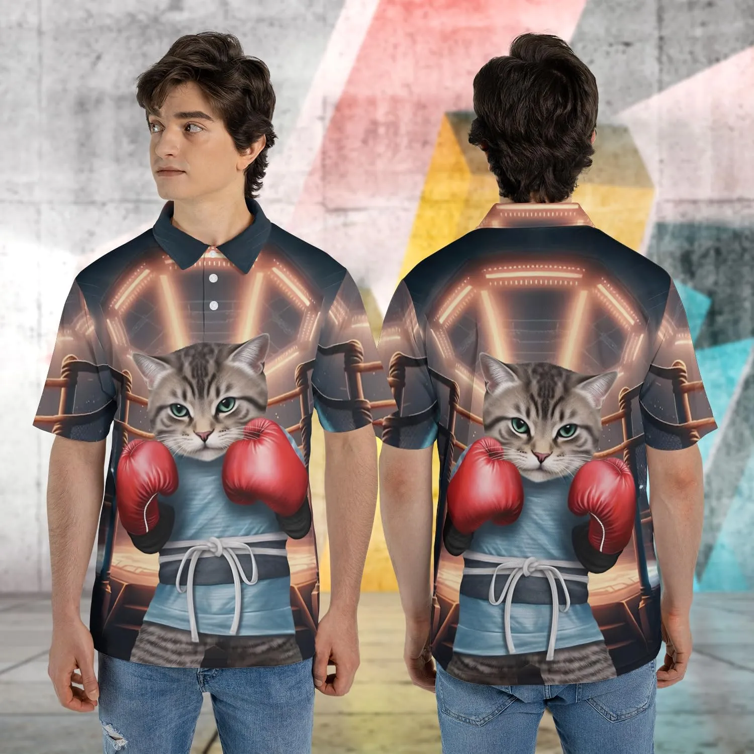 Funny Cat Polo Shirts for Men - Galaxy Cat Mens Quick Dry Short Sleeve Polo Shirts Series 16