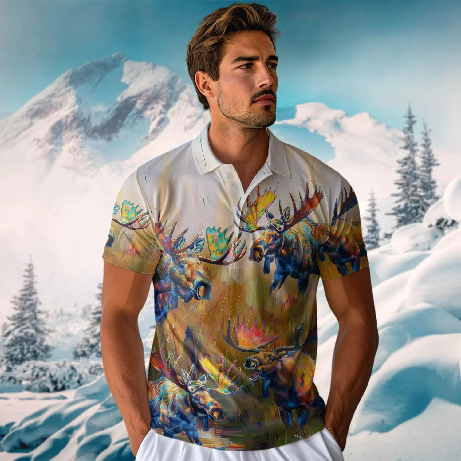 Funny Moose Polo Shirts for Men - Short Sleeve Golf Shirts Dry Fit Mens Polo T-Shirt Casual Style 07