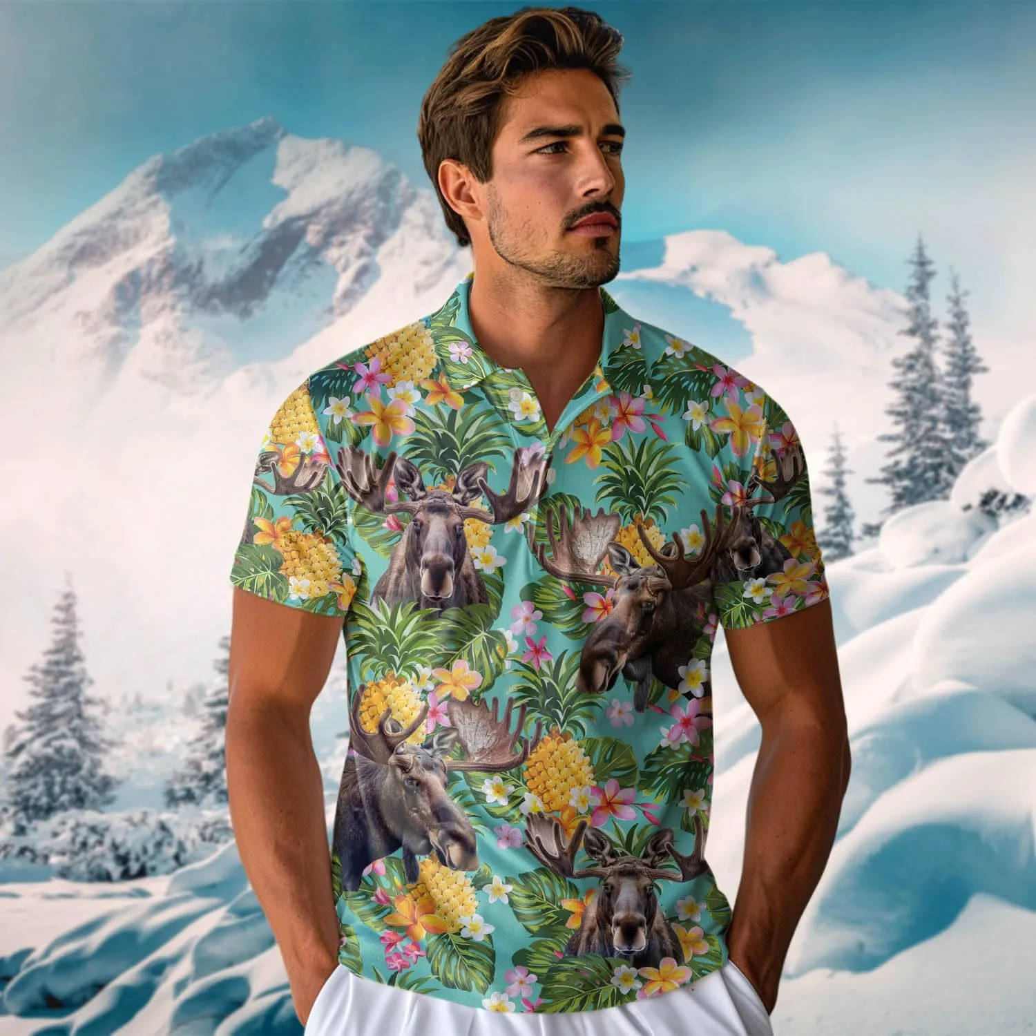 Funny Moose Polo Shirts for Men - Short Sleeve Golf Shirts Dry Fit Mens Polo T-Shirt Casual Style 07