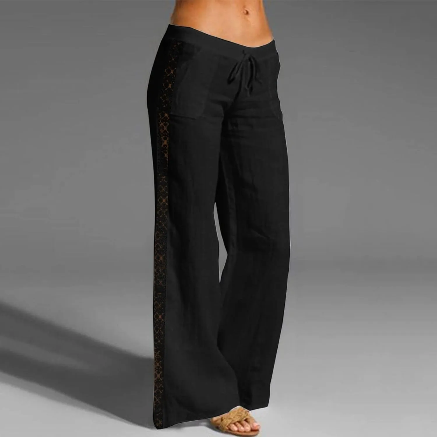 FZVYD Cotton Linen Women's Casual Pants Wide Leg Elastic Drawstring Low Waist Loose Comfy Baggy Long Trousers with Pockets