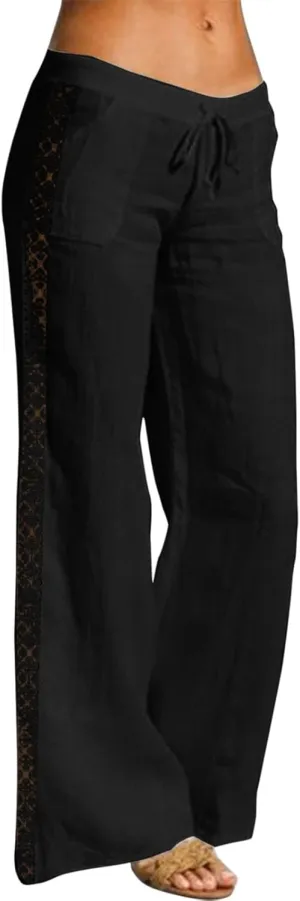 FZVYD Cotton Linen Women's Casual Pants Wide Leg Elastic Drawstring Low Waist Loose Comfy Baggy Long Trousers with Pockets