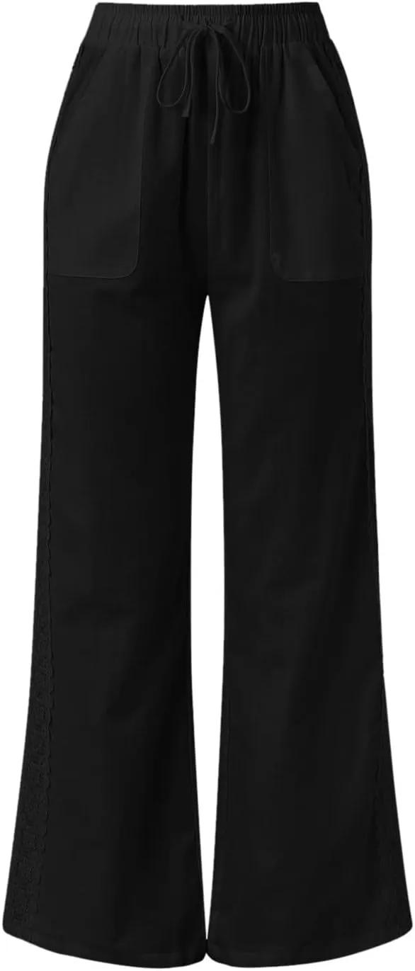 FZVYD Cotton Linen Women's Casual Pants Wide Leg Elastic Drawstring Low Waist Loose Comfy Baggy Long Trousers with Pockets