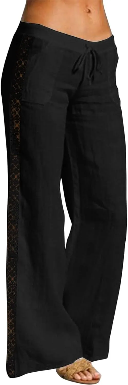 FZVYD Cotton Linen Women's Casual Pants Wide Leg Elastic Drawstring Low Waist Loose Comfy Baggy Long Trousers with Pockets