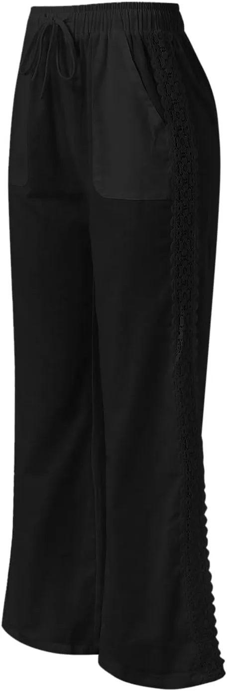 FZVYD Cotton Linen Women's Casual Pants Wide Leg Elastic Drawstring Low Waist Loose Comfy Baggy Long Trousers with Pockets