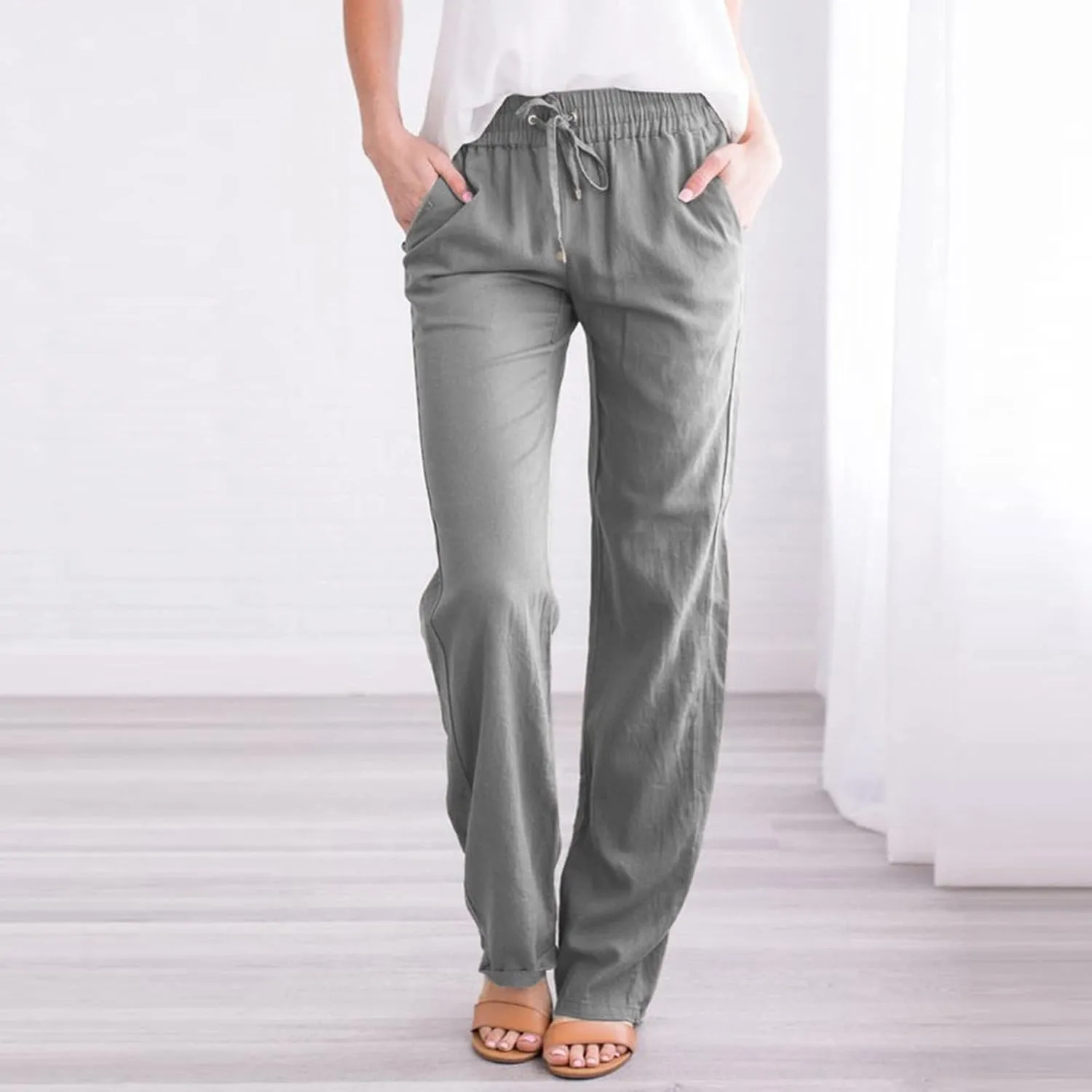FZVYD Cotton Linen Women's Casual Pants Wide Leg Elastic Drawstring Low Waist Loose Comfy Baggy Long Trousers with Pockets