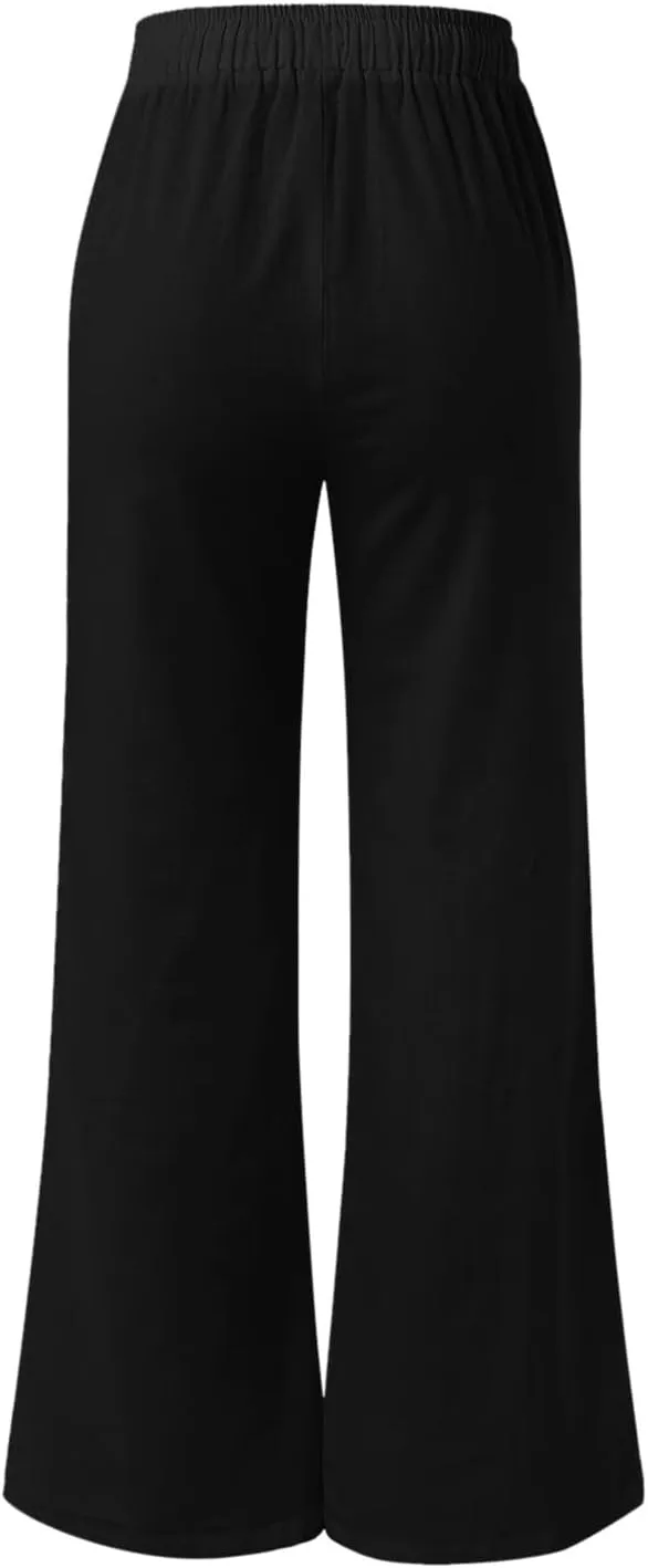 FZVYD Cotton Linen Women's Casual Pants Wide Leg Elastic Drawstring Low Waist Loose Comfy Baggy Long Trousers with Pockets