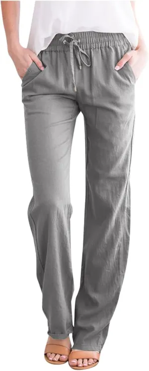 FZVYD Cotton Linen Women's Casual Pants Wide Leg Elastic Drawstring Low Waist Loose Comfy Baggy Long Trousers with Pockets