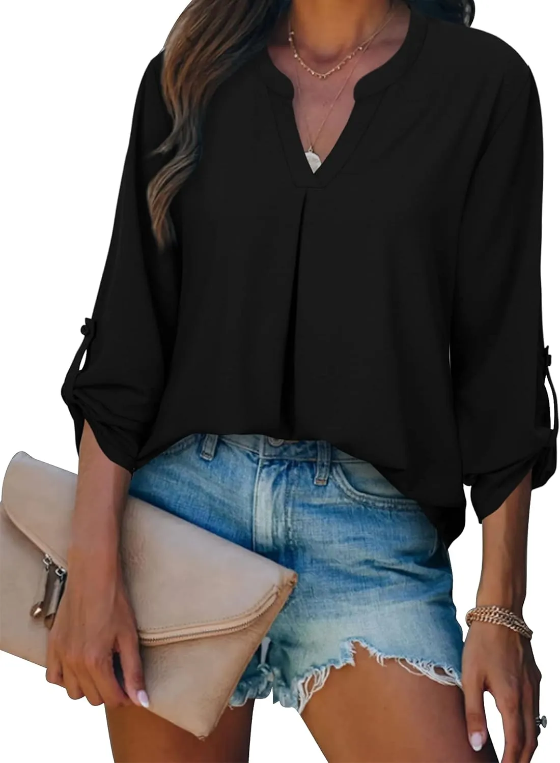 Gaharu Women's Blouses 3/4 Sleeve Work Shirt Chiffon Tunic Top Office Wear