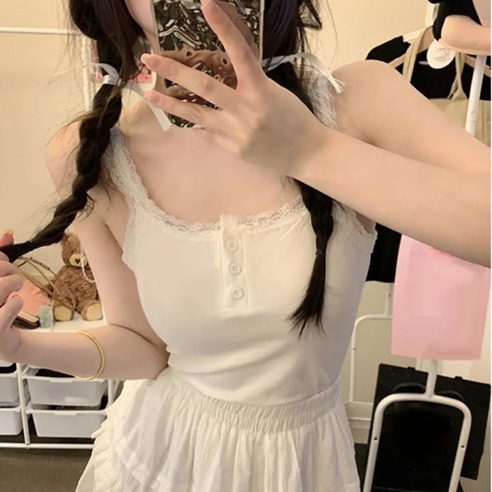 Girls Lace Trim Camisole Crop Top Sleeveless Built-in Bra Teen Bralette Slim Fit Cami Tops for Women Girls
