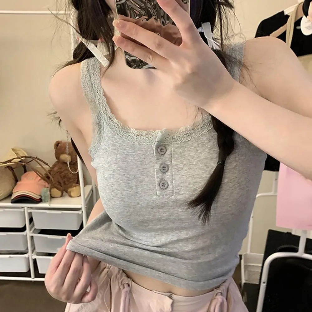 Girls Lace Trim Camisole Crop Top Sleeveless Built-in Bra Teen Bralette Slim Fit Cami Tops for Women Girls