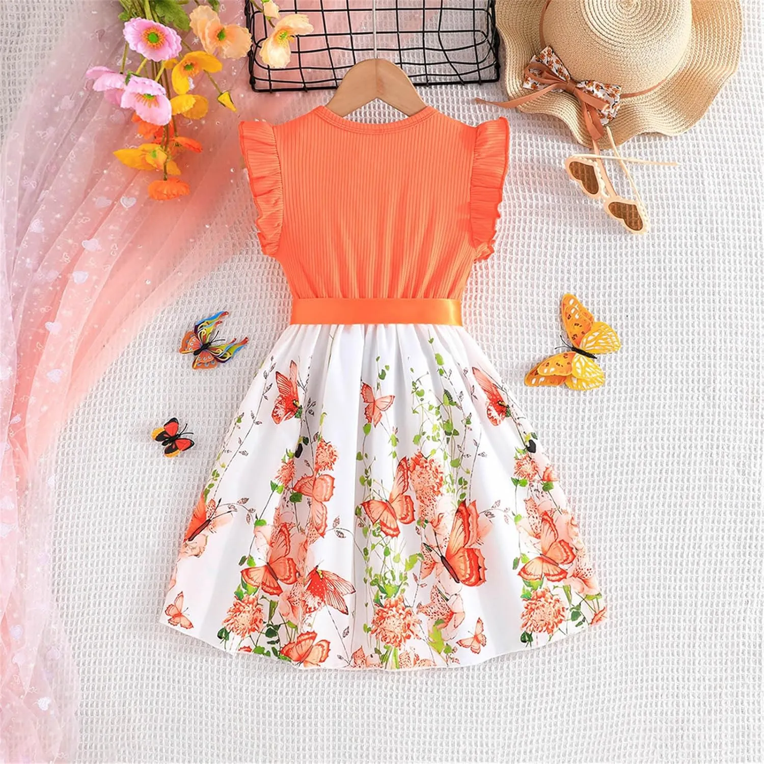 Girls Summer Dress Cute Ruffle Sleeve Crewneck Floral Print Bow Waisted Dresses A Line Birthday Party Dress 3-8 Years