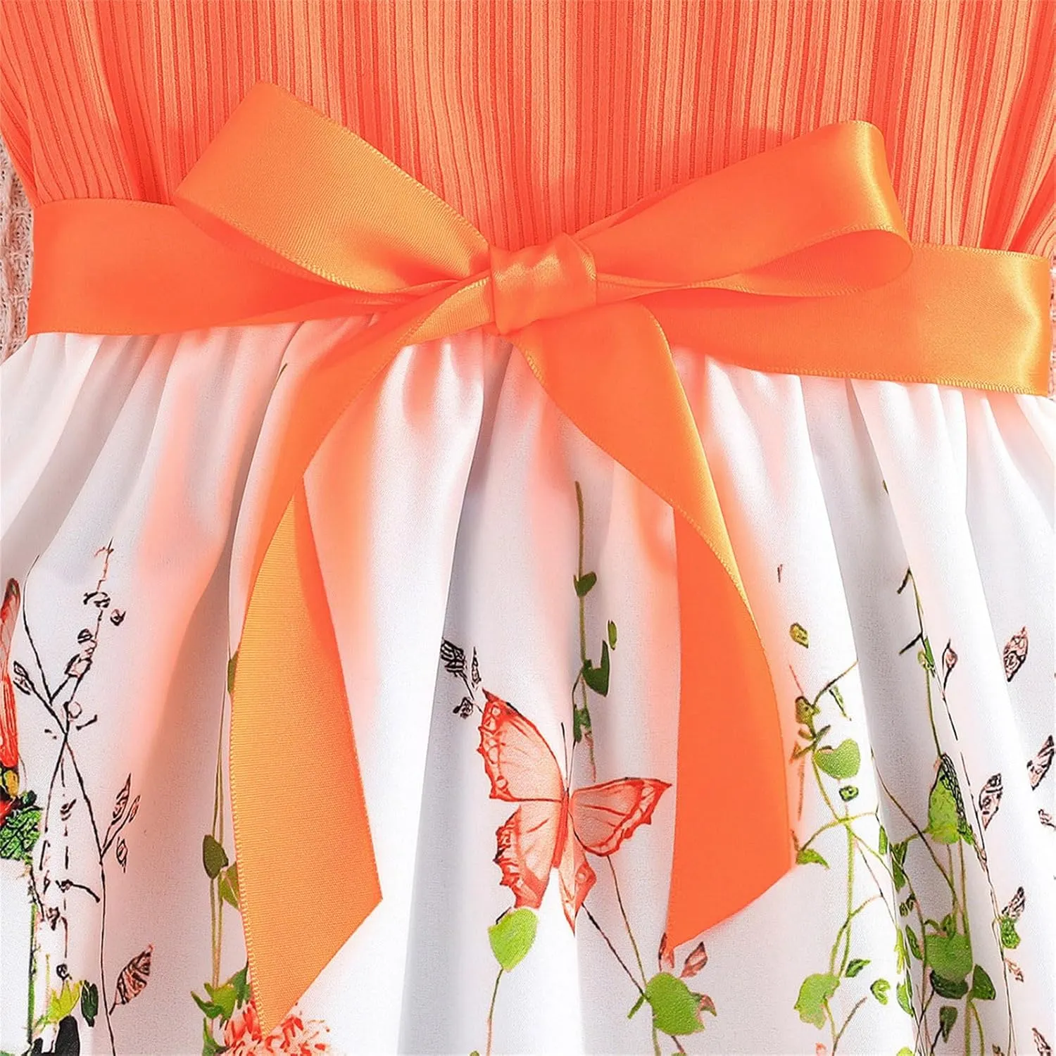 Girls Summer Dress Cute Ruffle Sleeve Crewneck Floral Print Bow Waisted Dresses A Line Birthday Party Dress 3-8 Years