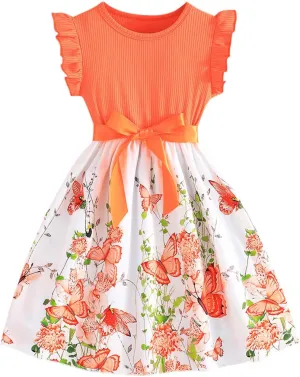 Girls Summer Dress Cute Ruffle Sleeve Crewneck Floral Print Bow Waisted Dresses A Line Birthday Party Dress 3-8 Years