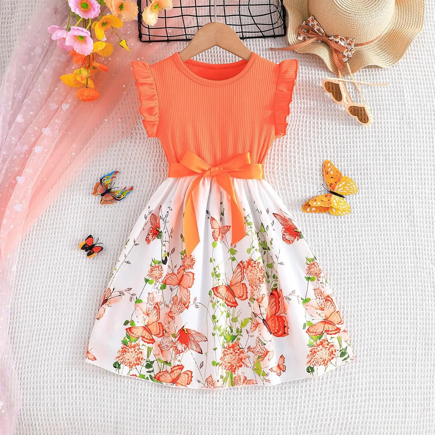 Girls Summer Dress Cute Ruffle Sleeve Crewneck Floral Print Bow Waisted Dresses A Line Birthday Party Dress 3-8 Years
