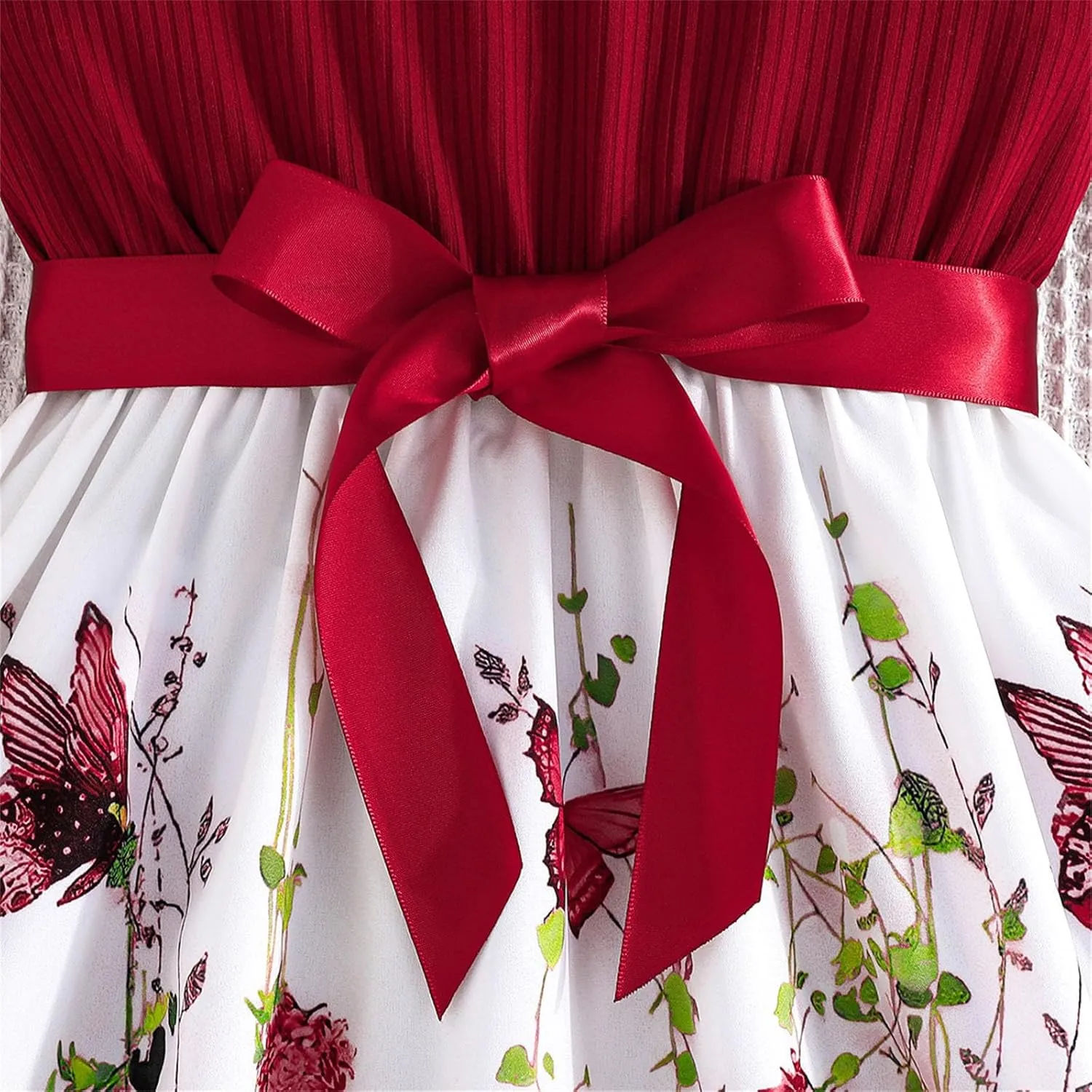 Girls Summer Dress Cute Ruffle Sleeve Crewneck Floral Print Bow Waisted Dresses A Line Birthday Party Dress 3-8 Years
