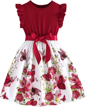 Girls Summer Dress Cute Ruffle Sleeve Crewneck Floral Print Bow Waisted Dresses A Line Birthday Party Dress 3-8 Years