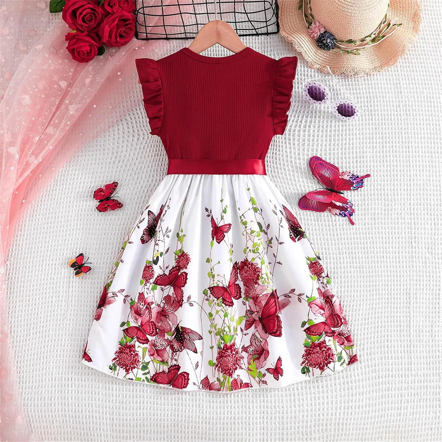 Girls Summer Dress Cute Ruffle Sleeve Crewneck Floral Print Bow Waisted Dresses A Line Birthday Party Dress 3-8 Years