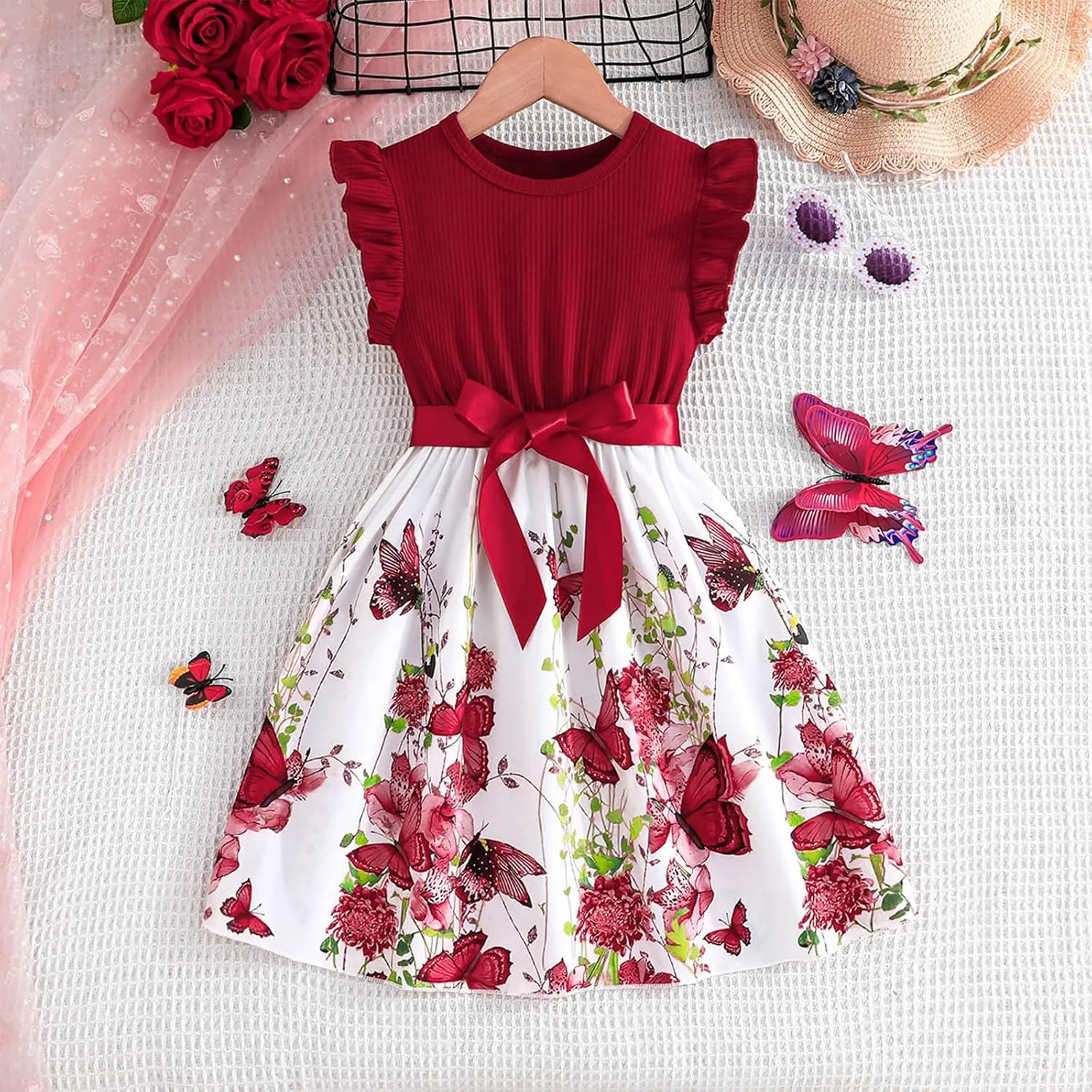 Girls Summer Dress Cute Ruffle Sleeve Crewneck Floral Print Bow Waisted Dresses A Line Birthday Party Dress 3-8 Years