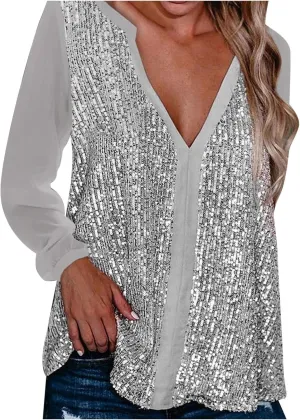Glitter Tops Shirts for Women Casual Crewneck Summer Fall Glitter Tops Loose Fit Fashion Shiny Dressy Bell Sleeve