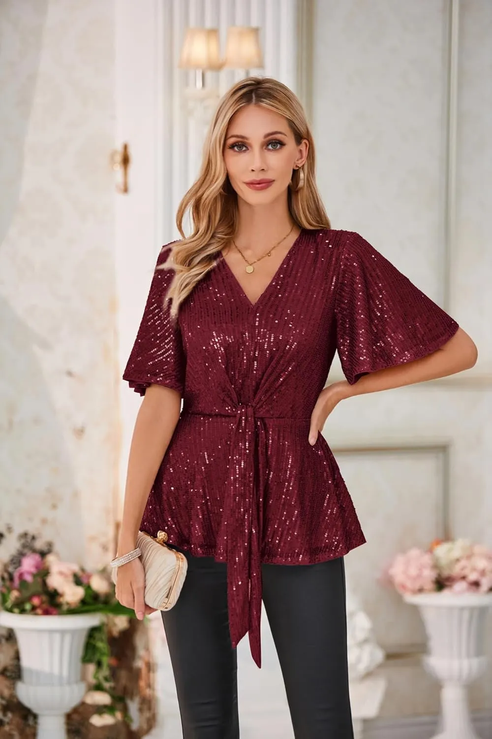 GRACE KARIN 2023 Women's Elegant Sequin Tops V Neck Tie Front Short Bell Sleeve Shirts Peplum Tops Blouse