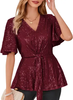 GRACE KARIN 2023 Women's Elegant Sequin Tops V Neck Tie Front Short Bell Sleeve Shirts Peplum Tops Blouse