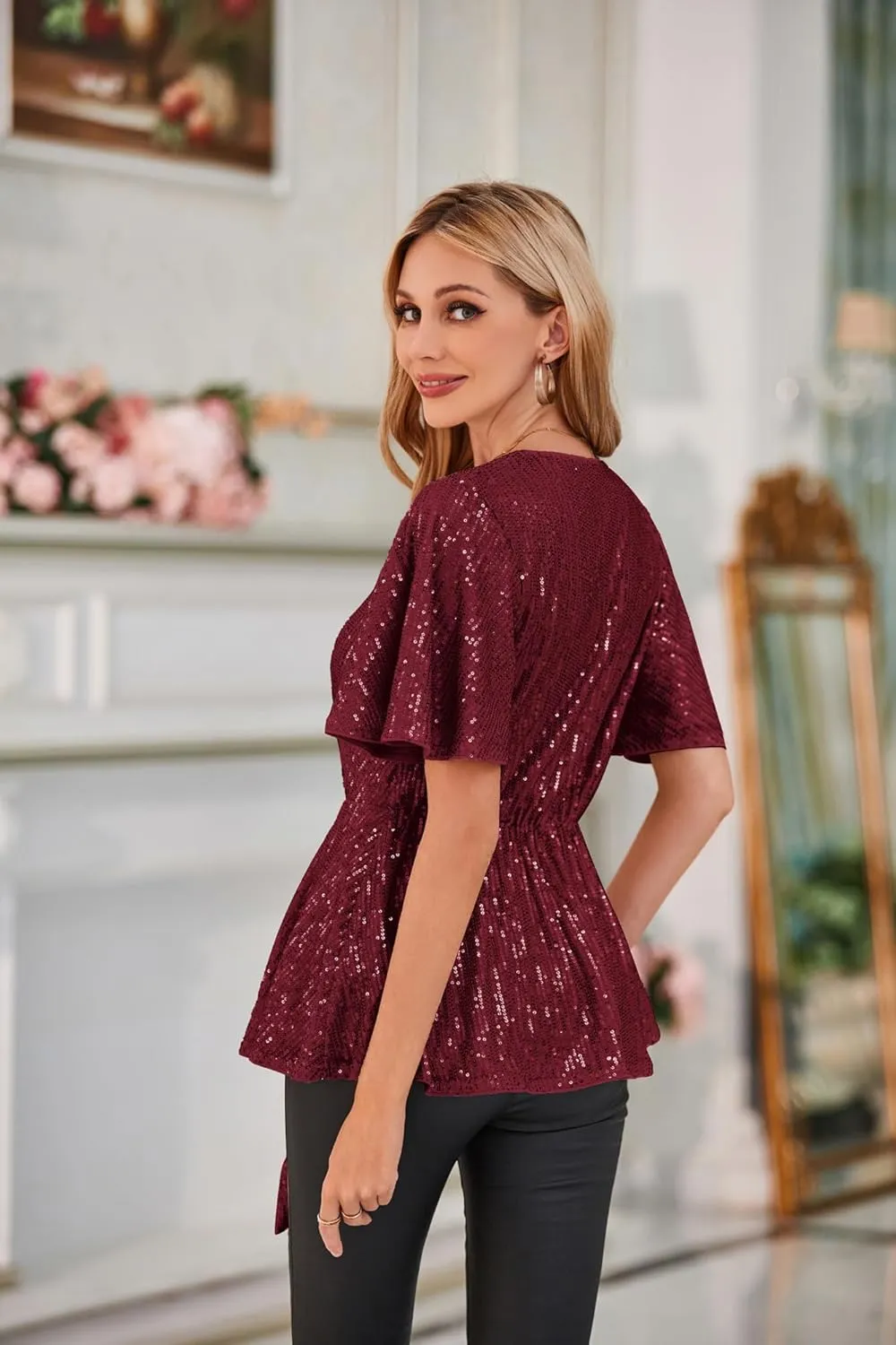 GRACE KARIN 2023 Women's Elegant Sequin Tops V Neck Tie Front Short Bell Sleeve Shirts Peplum Tops Blouse