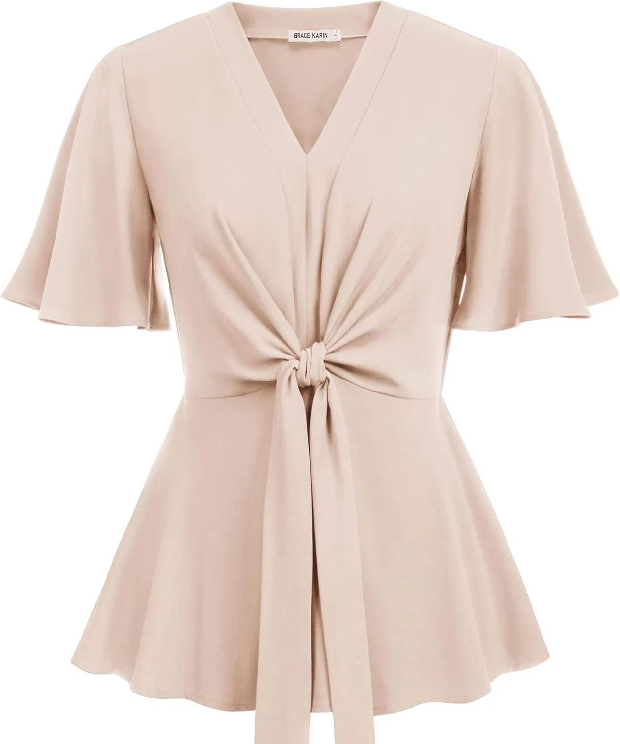 GRACE KARIN 2024 Women's Elegant V Neck Peplum Tops Tie Front Short Bell Sleeve Shirts Tops Blouse