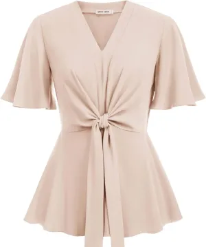 GRACE KARIN 2024 Women's Elegant V Neck Peplum Tops Tie Front Short Bell Sleeve Shirts Tops Blouse