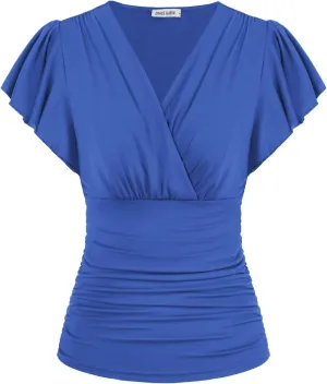 GRACE KARIN 2025 Womens Tops Summer Wrap Blouse V Neck Ruffle Sleeve Dressy Casual Top Ruched Trendy Clothes