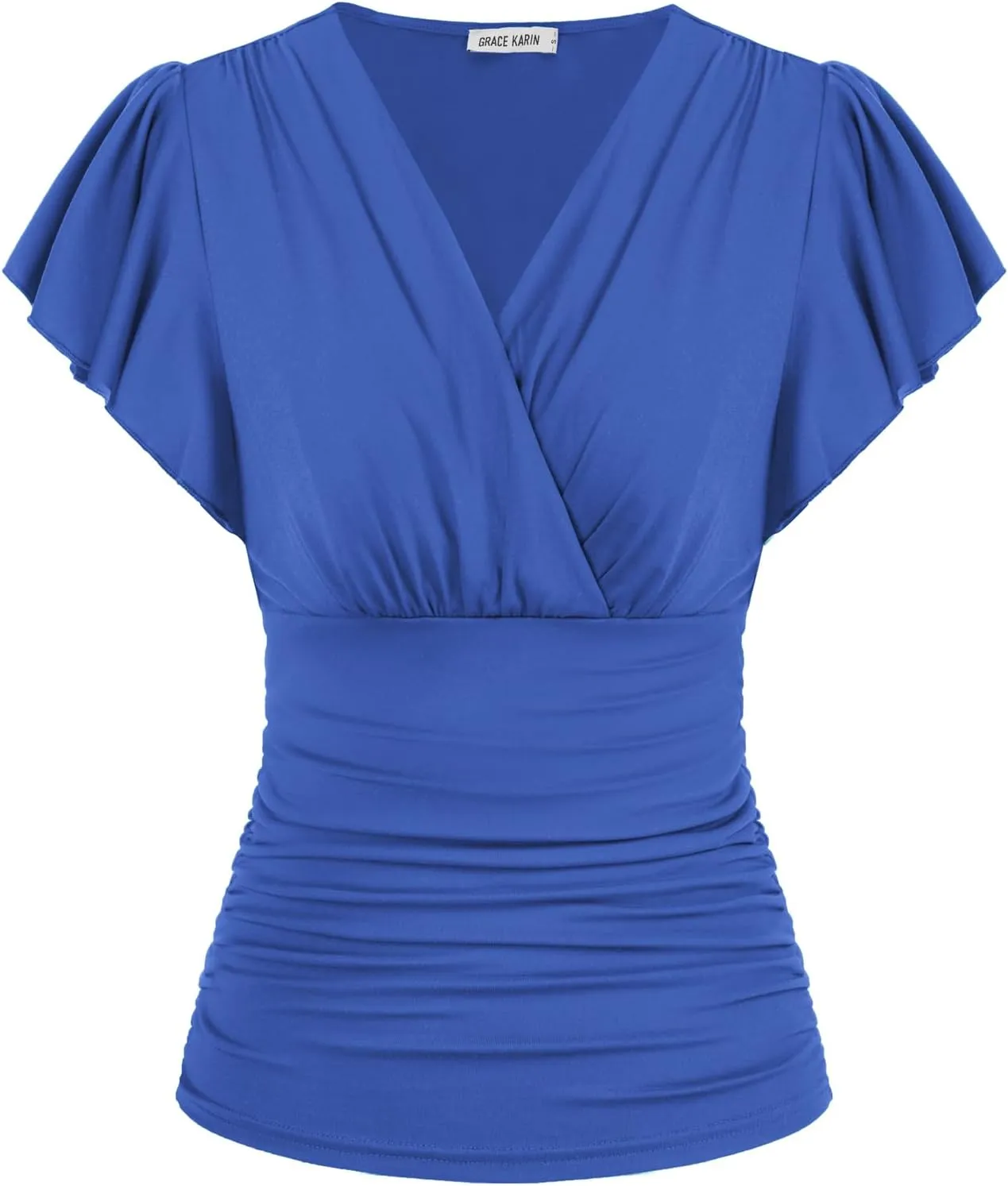GRACE KARIN 2025 Womens Tops Summer Wrap Blouse V Neck Ruffle Sleeve Dressy Casual Top Ruched Trendy Clothes